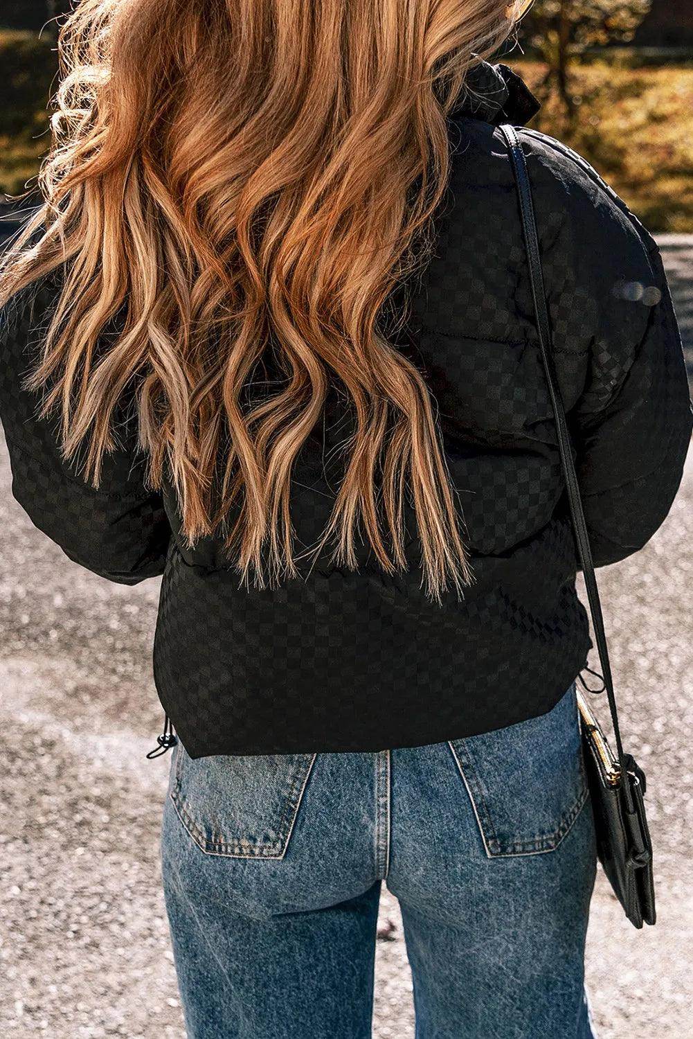 Checkered Turtleneck Zip Up Long Sleeve Winter Coat Style