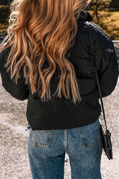 Checkered Turtleneck Zip Up Long Sleeve Winter Coat Style