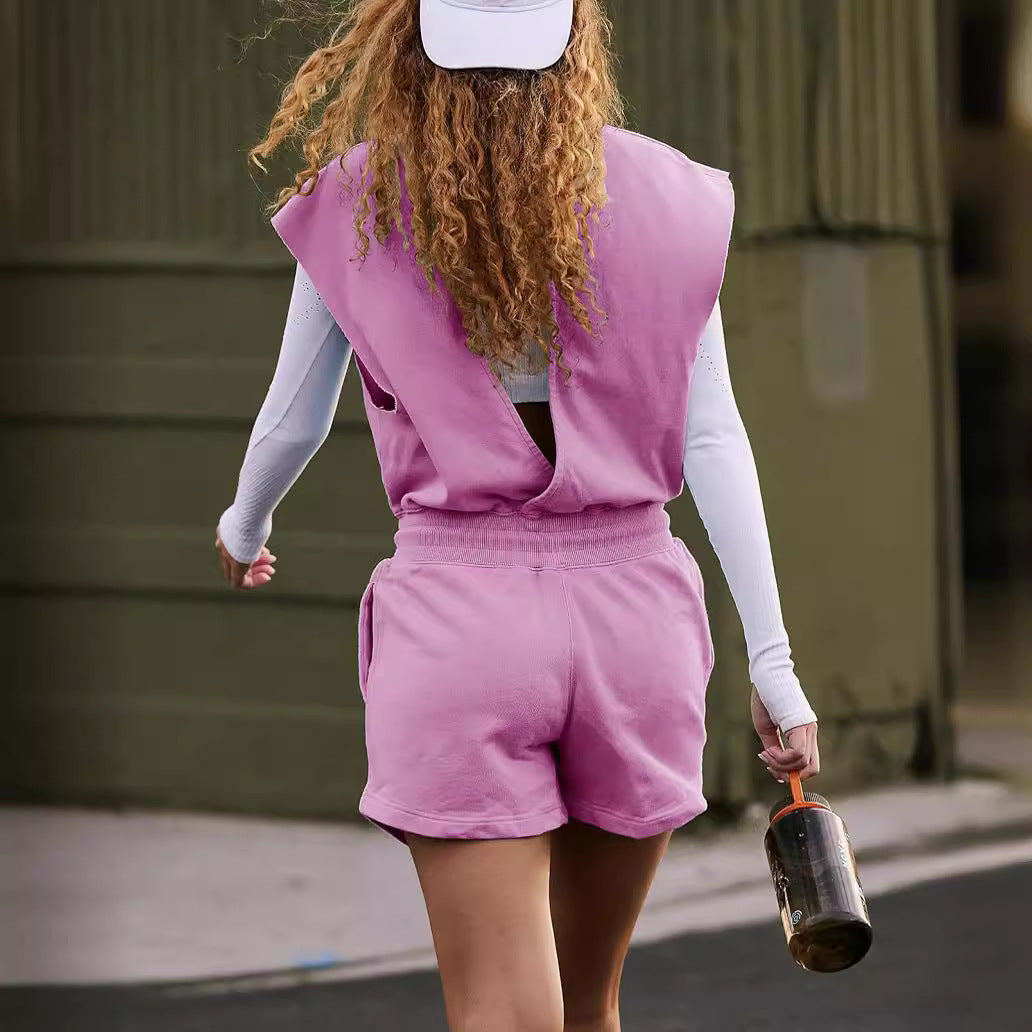 Summer Backless Drawstring Shorts Jumpsuit