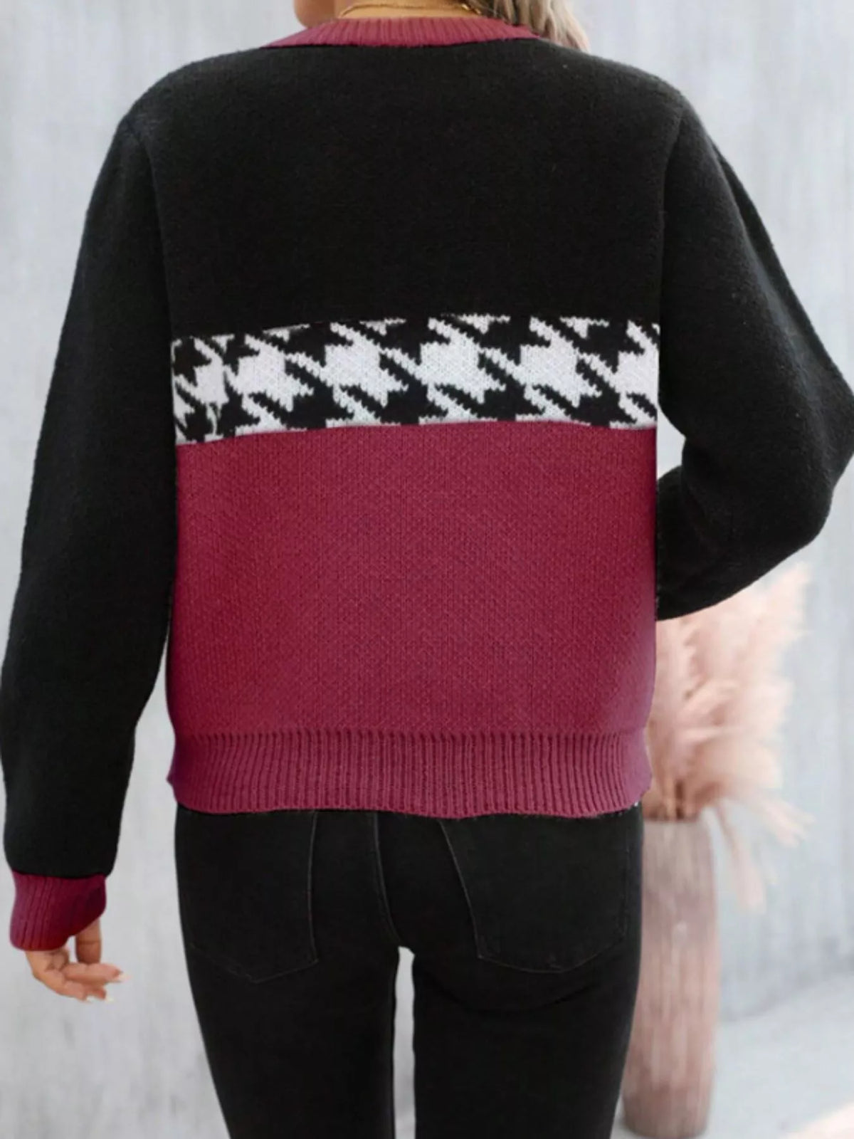 Houndstooth Pattern Color Block Sweater