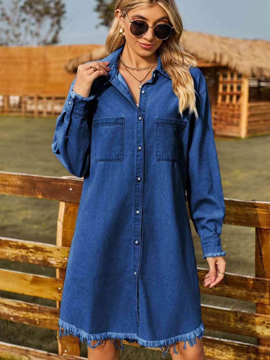 Button Up Collared Neck Raw Hem Denim Dress for Women