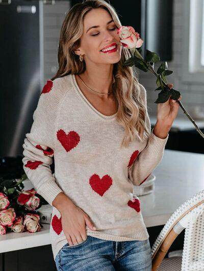 Heart Scoop Neck Long Sleeve Sweater for Women Cozy Style