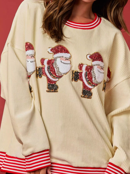 Christmas Sequin Candy Cane and Santa Sweatshirt with Striped Hem