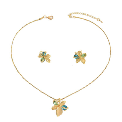 Niche Literary Vintage Elegant Women Jewelry Set, Baroque Floral Design Inlaid Synthetic Gemstone, Matching Stud Earrings &amp; Clavicle Chain