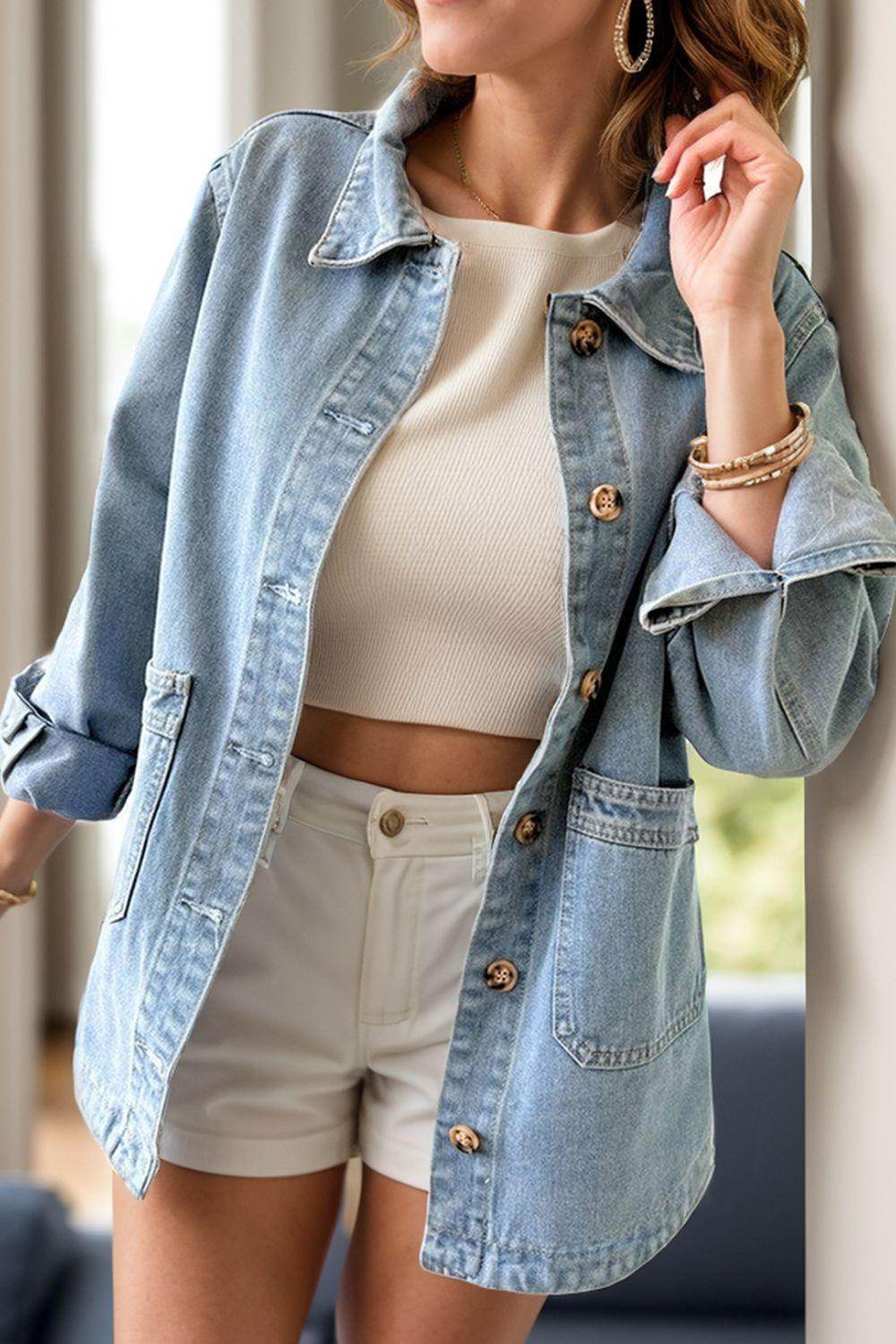 Pocketed Button Up Long Sleeve Denim Jacket for Women