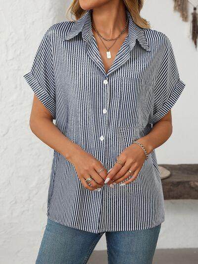 Mandy Pocketed Striped Collared Neck Short Sleeve Shirt