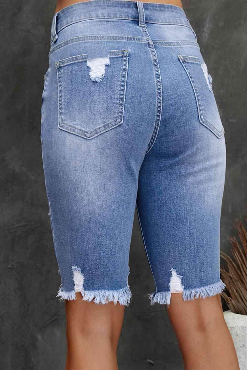 Distressed Frayed Hem Denim Bermuda Shorts for Women