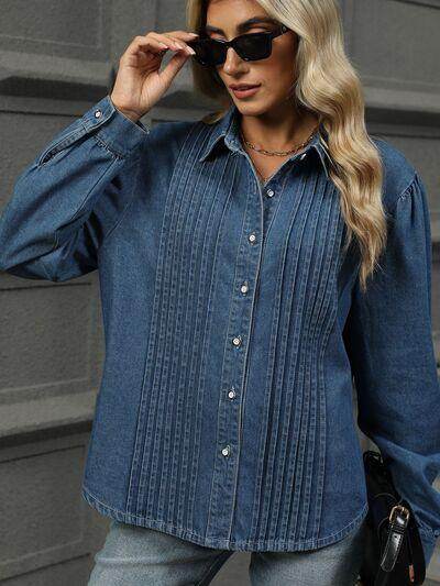 Button Down Collared Neck Long Sleeve Denim Top for Women
