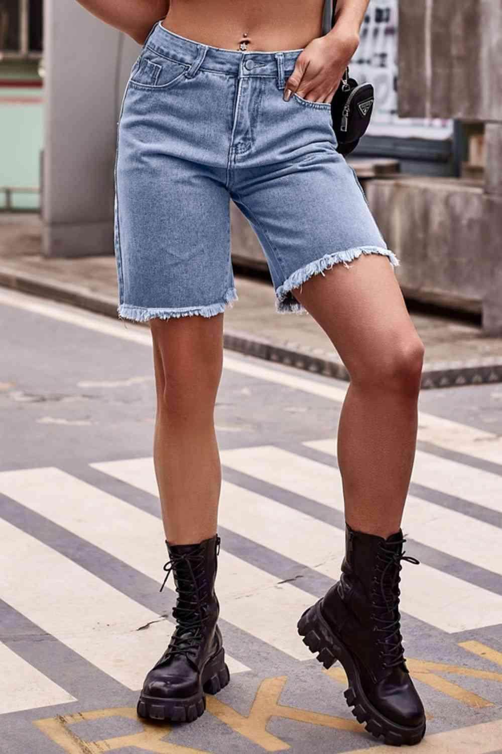 Raw Hem Denim Shorts with Pockets for Casual Chic Style