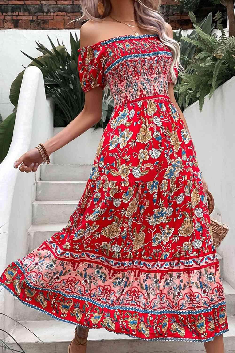 Perfee Floral Off-Shoulder Smocked Midi Dress for Women