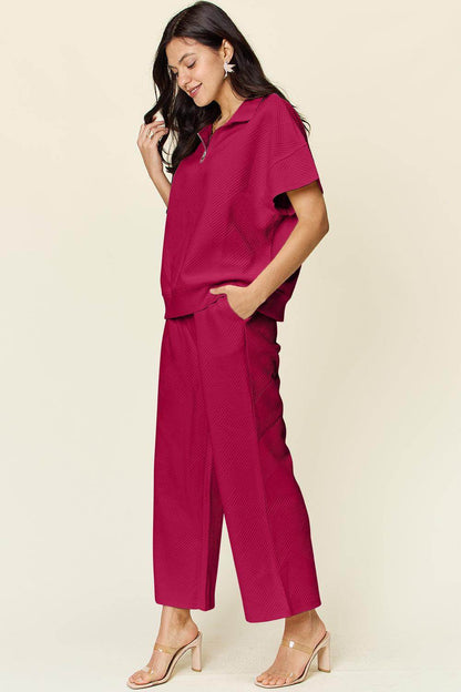 Double Take Full Size Texture Half Zip Short Sleeve Top Set