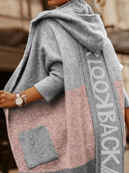 Full Size Hooded Color Block Open Front Cardigan Plus Size