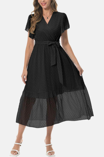 Surplice Neck Flutter Sleeve Tied Dress for Chic Style