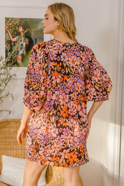 ODDI Full Size Floral Tied Neck Mini Dress for Women