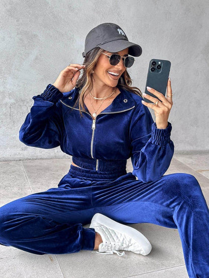 Zip Up Long Sleeve Cropped Top and Joggers Set for Women