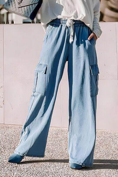 Drawstring Cargo Pocket Wide Leg Jeans for All-Day Comfort