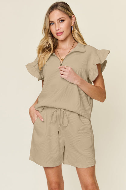 Textured Flounce Sleeve &amp; Drawstring Shorts Set