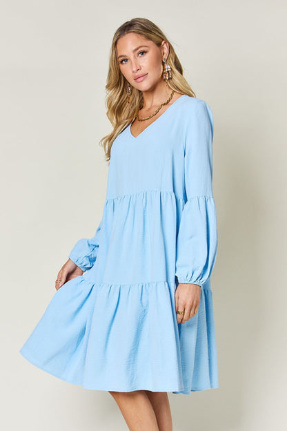 V-Neck Balloon Sleeve Tiered Boho Midi Dress