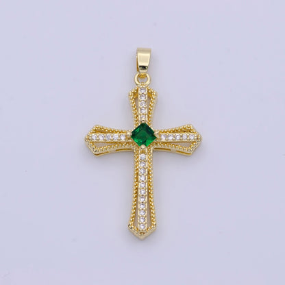 Beaded Micro Paved Rhombus CZ Clear, Pink, Green Religious Cross Pendant | X-494-X-496