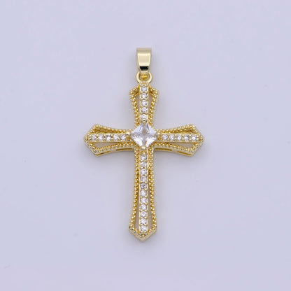 Beaded Micro Paved Rhombus CZ Clear, Pink, Green Religious Cross Pendant | X-494-X-496
