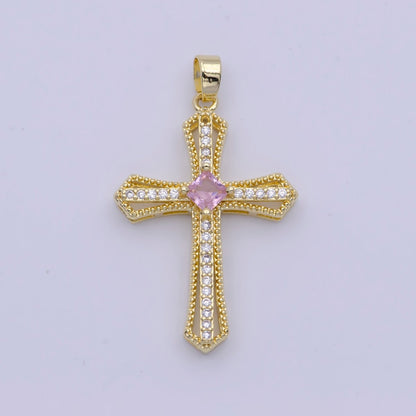 Beaded Micro Paved Rhombus CZ Clear, Pink, Green Religious Cross Pendant | X-494-X-496