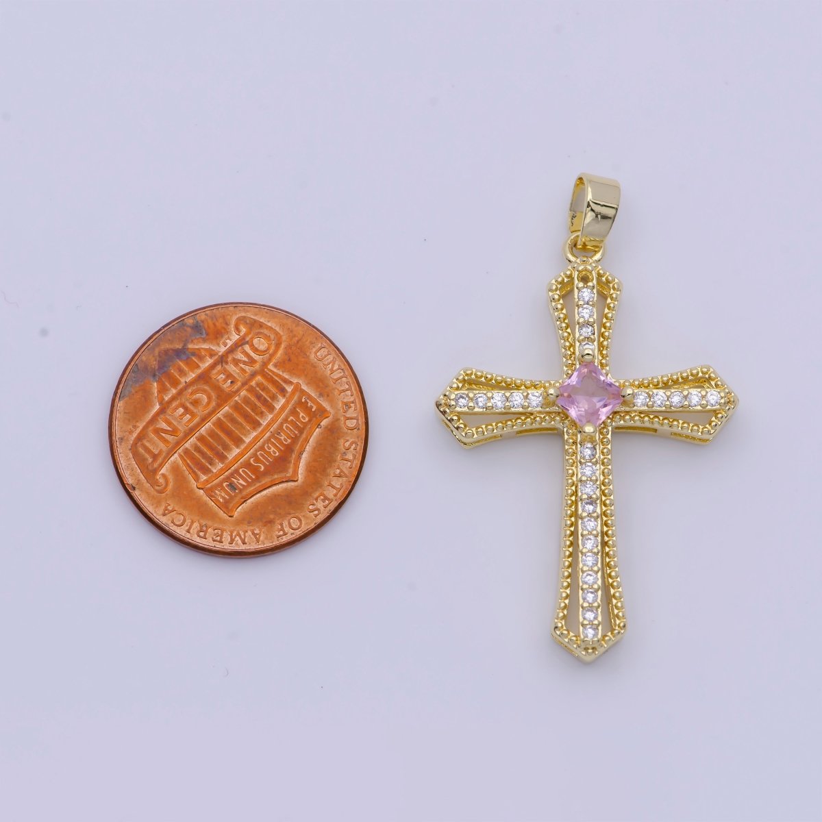 Beaded Micro Paved Rhombus CZ Clear, Pink, Green Religious Cross Pendant | X-494-X-496
