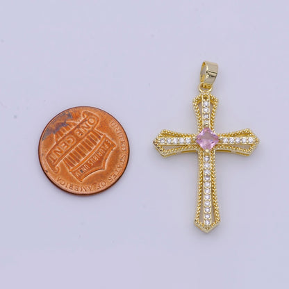 Beaded Micro Paved Rhombus CZ Clear, Pink, Green Religious Cross Pendant | X-494-X-496