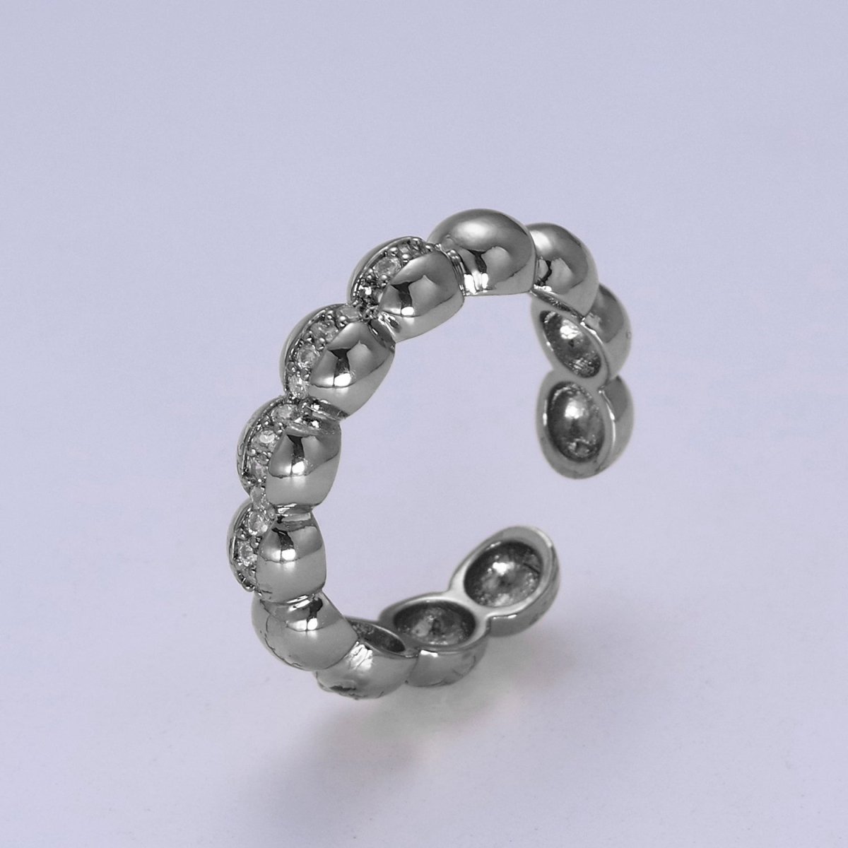 Beaded Textured 24K Gold Filled Ring, Micro Pave CZ Open Adjustable Ring in Silver &amp; Gold | U-444 U-445