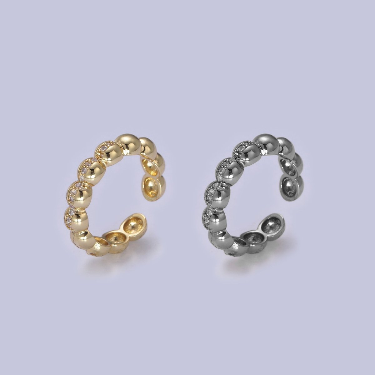 Beaded Textured 24K Gold Filled Ring, Micro Pave CZ Open Adjustable Ring in Silver &amp; Gold | U-444 U-445