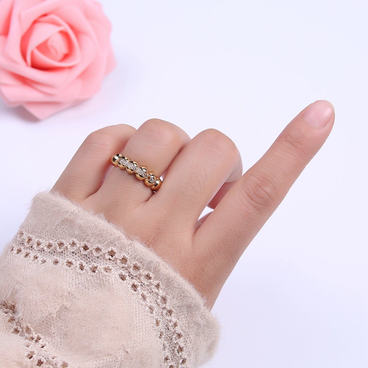 Beaded Textured 24K Gold Filled Ring, Micro Pave CZ Open Adjustable Ring in Silver &amp; Gold | U-444 U-445