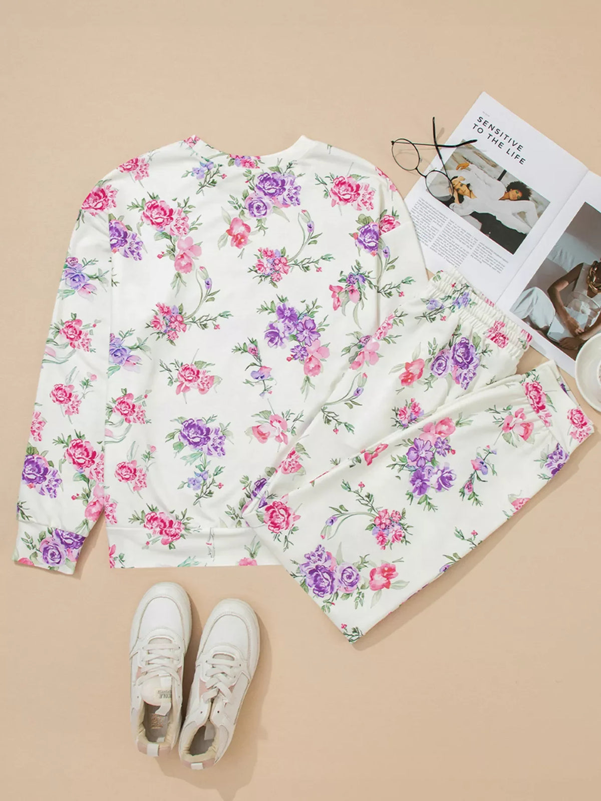 Floral Print Round Neck Top and Drawstring Pants Lounge Set