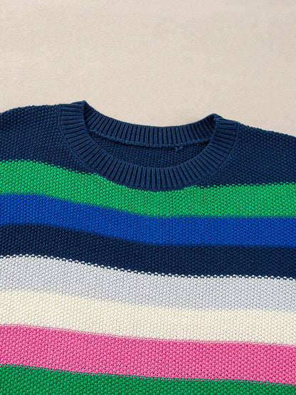Rainbow Striped Crew Neck Drop Shoulder Sweater