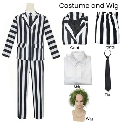 Beetlejuice Cosplay Suit – Black &amp; White Striped Costume Set