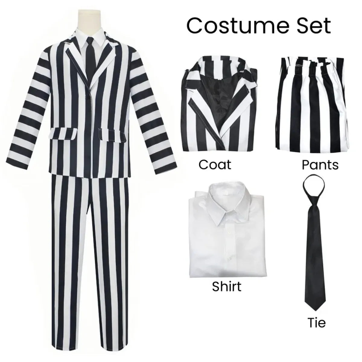 Beetlejuice Cosplay Suit – Black &amp; White Striped Costume Set