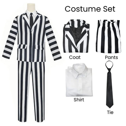 Beetlejuice Cosplay Suit – Black &amp; White Striped Costume Set