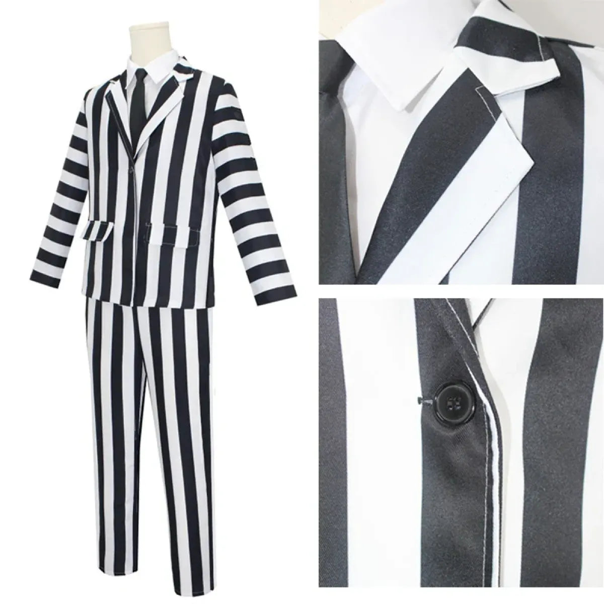 Beetlejuice Cosplay Suit – Black &amp; White Striped Costume Set