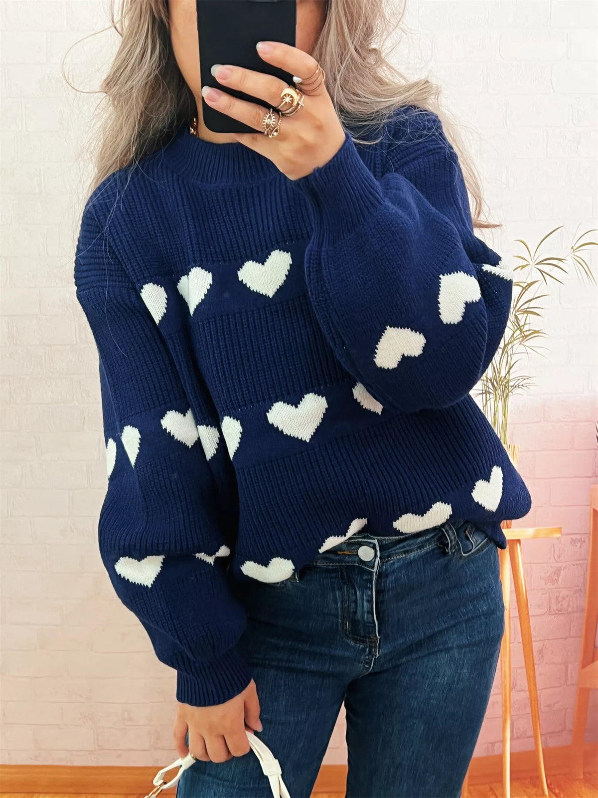 Heart Pattern Dropped Shoulder Sweater