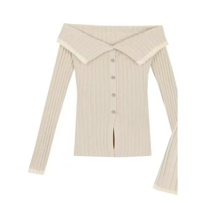 Beige Knit Two-Piece Set – Collared Cardigan &amp; Pleated Skirt