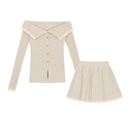 Beige Knit Two-Piece Set – Collared Cardigan &amp; Pleated Skirt
