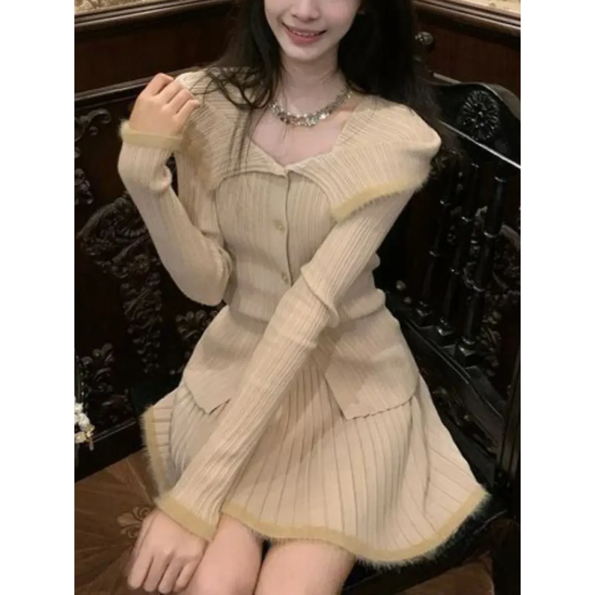 Beige Knit Two-Piece Set – Collared Cardigan &amp; Pleated Skirt