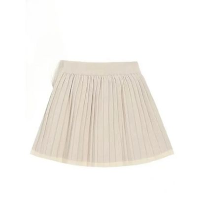 Beige Knit Two-Piece Set – Collared Cardigan &amp; Pleated Skirt