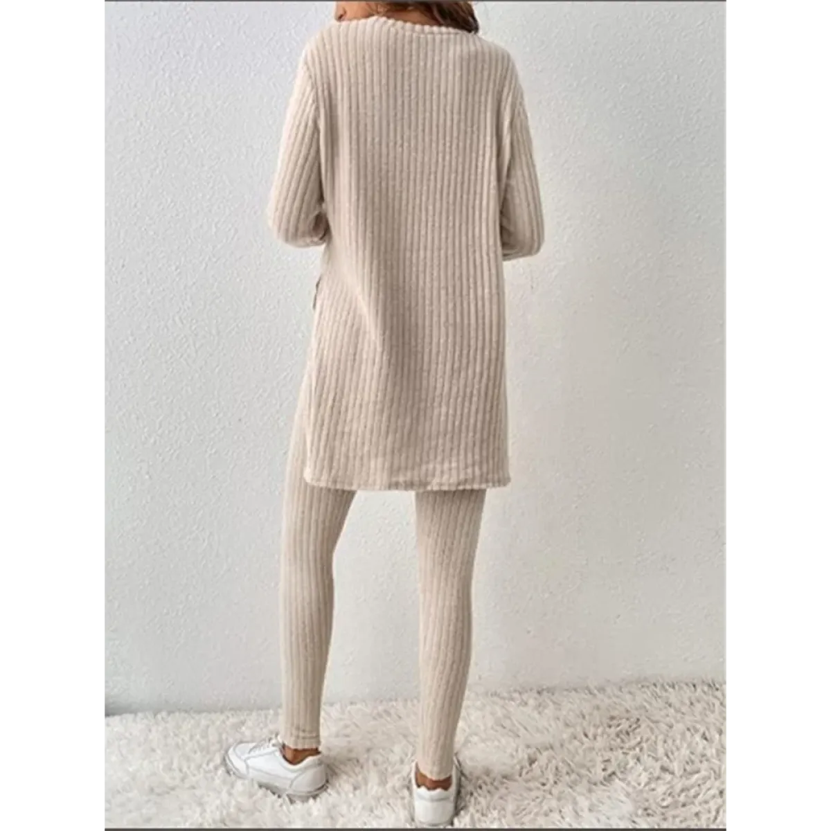 Beige Ribbed Knit Two-Piece Set – Split Long Sleeve Top &amp; Pants