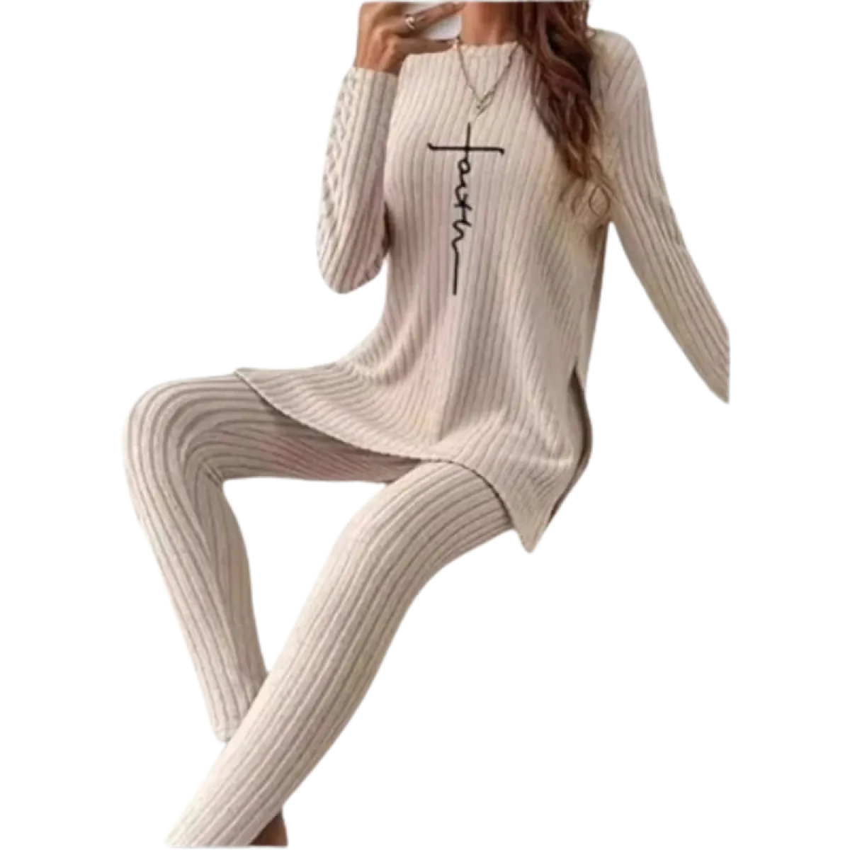 Beige Ribbed Knit Two-Piece Set – Split Long Sleeve Top &amp; Pants