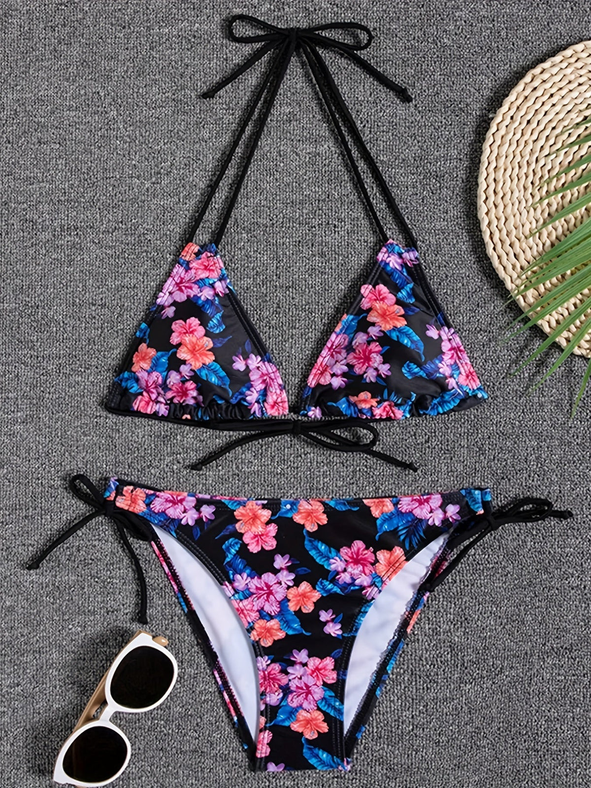 Sunset Bloom 2-Piece Triangle Bikini Set for Women – Vibrant Random Floral Print Halter Neck Swimsuit with Tie-Back Tie-Side Bottoms &amp; High Cut Legs – Women&