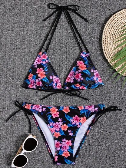 Sunset Bloom 2-Piece Triangle Bikini Set for Women – Vibrant Random Floral Print Halter Neck Swimsuit with Tie-Back Tie-Side Bottoms &amp; High Cut Legs – Women&