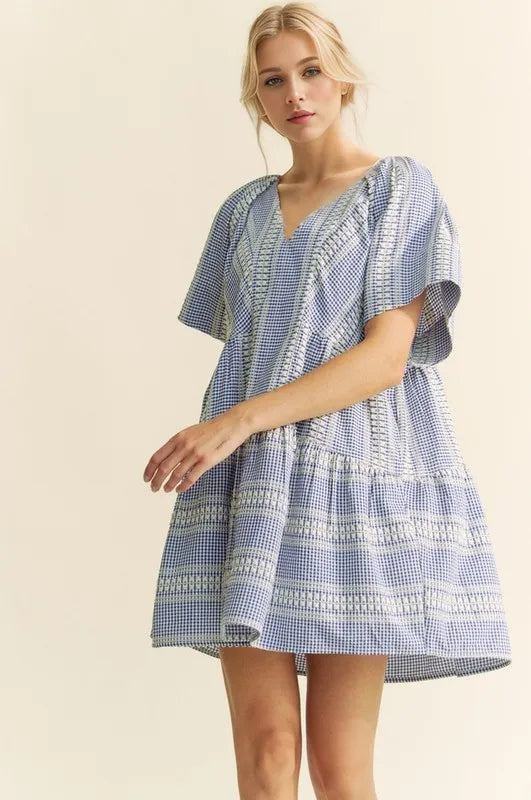 Davi &amp; Dani Embroidered Stripe Ruffled Gingham Mini Dress