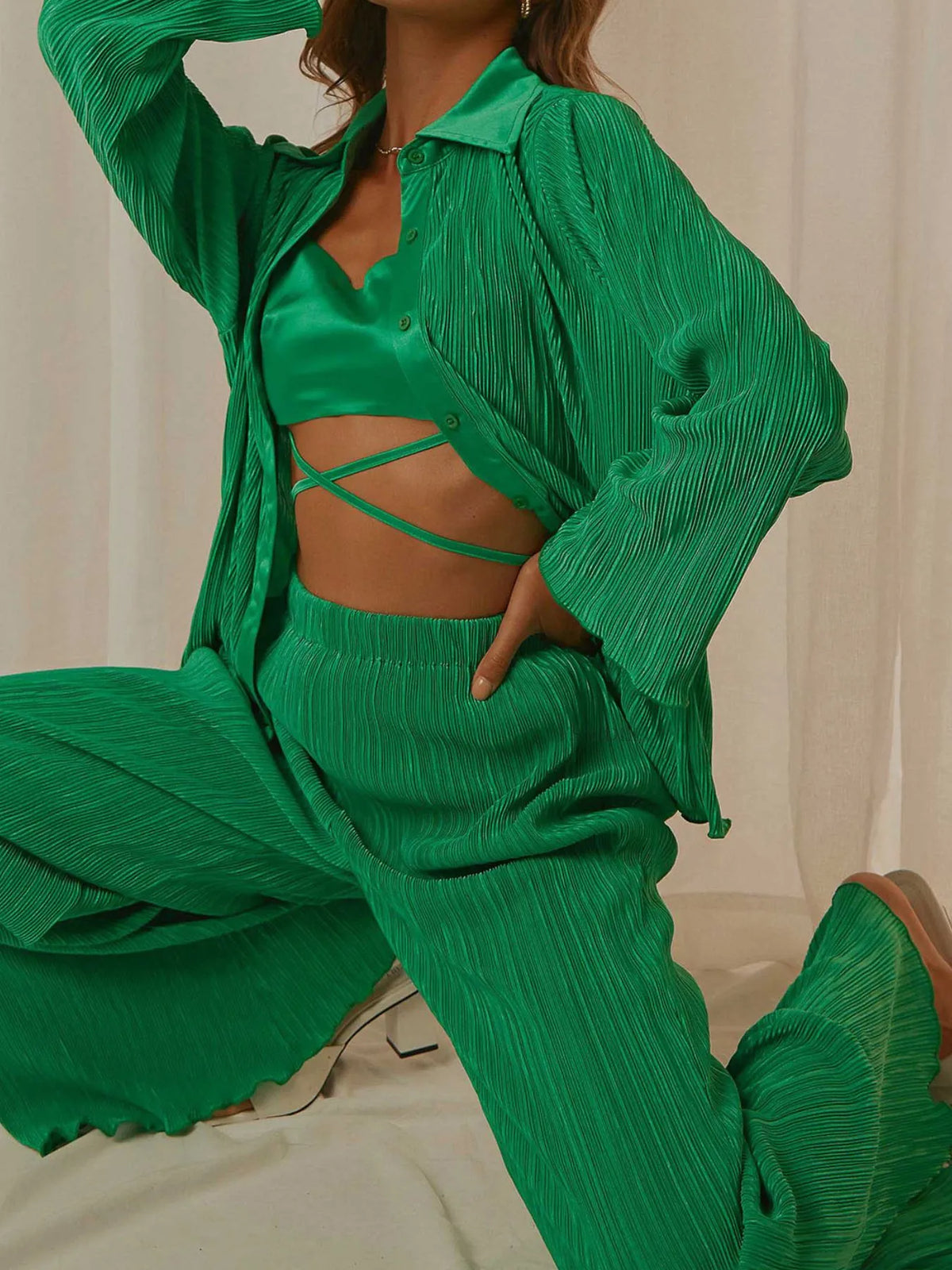 Button Up Long Sleeve Top and Pants Set