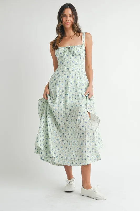 MABLE Floral Print Bustier Back Lace Up Midi Dress