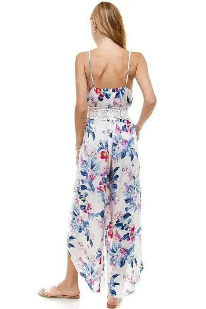 FLORAL &amp; SOLID CROCHET TULIP LEG CAMI JUMPSUIT