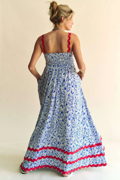 Davi &amp; Dani Geo 2 Tone Printed Wavi Trim Tiered Maxi Dress